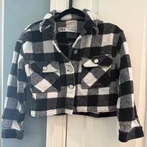 Zara Women’s Black & White Buffalo Plaid Cropped Flannel Jacket sz XS